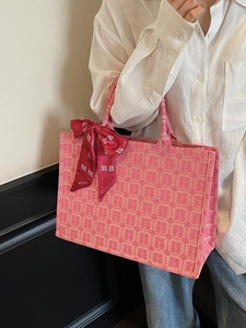Pink Chinese wedding tote bag with double happiness jacquard and red silk scarf decor