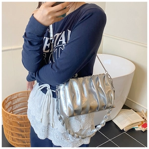Silver pleated chain bag shown on model as a stylish shoulder and crossbody bag