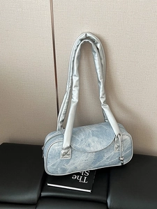 Borsa a Cuscino da Donna Retro in Denim e Tela Borsa a Tracolla alla Moda con Manico Arricciato Colore a Contrasto