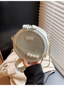 Women's Fashion Circular Crossbody Bag PU Leather Woven Texture Artificial Pearl Chain Shoulder Bag Bowknot Round Summer Vacation Purse