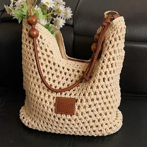 Women Handwoven Crochet Tote Bag Cotton Linen Hollow Out Beach Shoulder Bag With Wooden Beads Bohemian Vacation Handbag