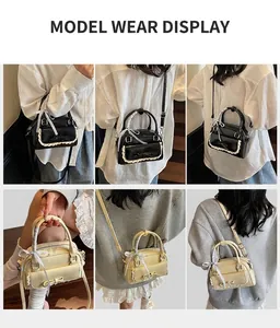 Detailed views of Lolita style crossbody bag with lace trim and bow accents on models