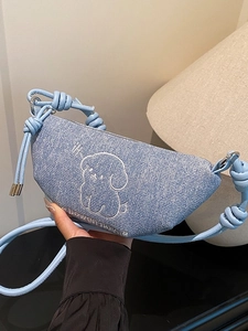 Sac Bandoulière Dumpling en Cuir PU Brodé Chiot Mignon pour Femmes Étudiantes Sac à Épaule Décontracté avec Bandoulière Nouée
