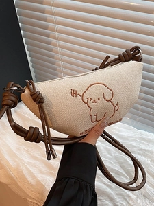 Sac bandoulière demi-lune en toile chien mignon avec bandoulière en cuir marron