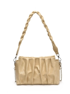Beige ruched cloud bag with woven leather handle and metallic chain strap on white background