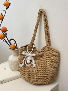 Handmade Woven Tote Bag For Women Vintage Bucket Shoulder Bag With Lace Bow Artificial Pearl Bunny Pendant Casual Summer Beach Bag