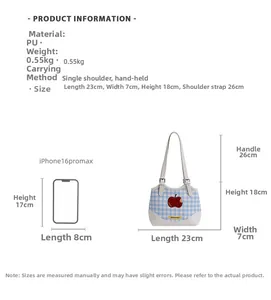 Detailed size comparison between blue plaid apple shoulder bag and iPhone 16 Pro Max