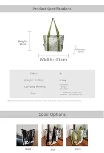 Detailed dimensions and specifications for the large capacity floral canvas tote bag