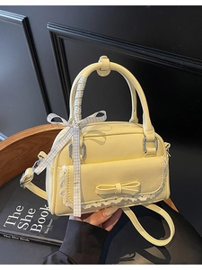 Women Sweet Bow Boston Bag Lace Decor PU Leather Small Handbag Korean Style Daily Commute Shoulder Bag Ribbon Decor Bag