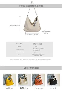 Tableau des tailles détaillé et dimensions du grand sac bandoulière hobo en toile