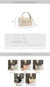 Detailed size specifications and color options for the lace bow PU leather crossbody bag