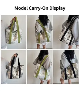 Detailed views of women's bamboo print canvas tote bags in green and black straps