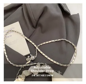 Detail of adjustable metal chain and beige leather strap on a stylish dumpling bag