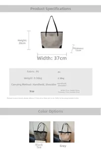 Detailed dimensions and color options of the spacious PU leather tote bag with 37cm width
