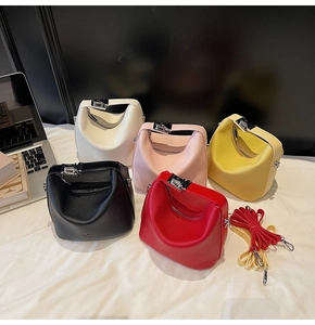 Litchi pattern bucket bags in five colors with silver metal buckles and shoulder straps