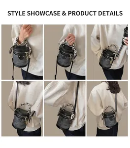 Detail shots of retro color-block bucket bag with silk scarf handle and chain charm