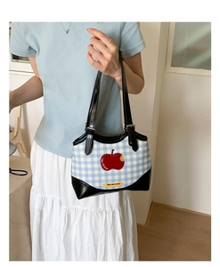 Detail of blue gingham tote with red apple embroidery and adjustable black strap