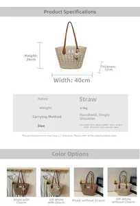 Dettagli della borsa tote in paglia 40x26cm con manici in pelle e specifiche di peso