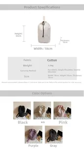 Detailed size specifications and color options for the lightweight drawstring bucket bag