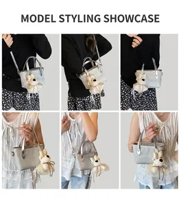 Silver glitter handbag with fluffy dog charm shown in multiple styling views