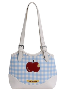 Blue plaid underarm tote bag with red apple embroidery and white leather strap
