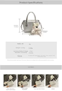 Detail view of silver mini PU tote bag dimensions and texture with plush dog charm