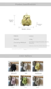 Detailed size chart for nylon drawstring backpack showing dimensions 30x20x13cm and 6 colors