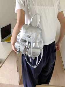 Trendy PU Leather Mini Backpack For Women Niche Design Lychee Texture Drawstring Bucket Style Lightweight Travel Bag