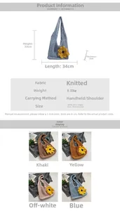 Detailed size guide for handmade crochet sunflower beach bag with 34x33cm dimensions