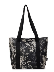 Minimalist black tote bag with gray bamboo patterns and wide woven shoulder straps