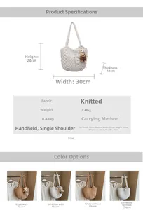 Detailed size specifications and color variants for the woven knit tote with bear pendant