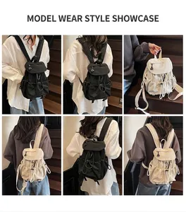 Detailed views of nylon backpacks in black and beige with drawstring and buckle closure