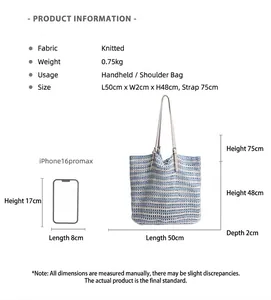 Size chart showing large blue and white striped knit tote bag dimensions and capacity