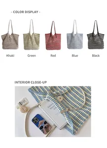 Detailed view of the striped knit tote bag spacious interior and colorful options