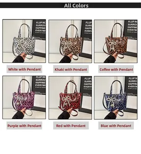 Collage of leopard print crossbody bags in six colors with pearl bow charms