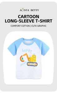 Close-up of boys white raglan T-shirt with blue sleeves and happy excavator print