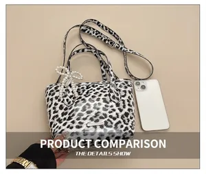 Detail showing mini leopard print handbag with pearl bow charm and metal logo plaque