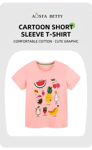 Gedetailleerde weergave van roze katoenen kinder-T-shirt met kleurrijke fruitprint