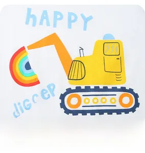 Detail of white cotton boy's t-shirt showing colorful rainbow cartoon digger print
