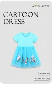 Close-up of girl's blue dress featuring fine mesh layers and exquisite bunny embroidery