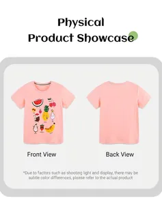 Gedetailleerd voor- en achteraanzicht van roze katoenen kinder-t-shirt met fruitprint