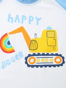 Boys short sleeve raglan t-shirt with a yellow cartoon digger and rainbow print