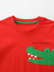 T-shirt rouge en coton pour garçons avec imprimé crocodile et col rond côtelé