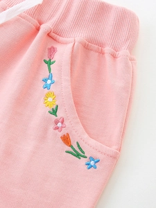 Short tricoté rose en coton pour filles avec broderie florale et cordon de serrage