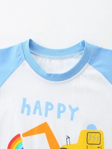 Boys short sleeve raglan t-shirt with blue sleeves and happy excavator rainbow print