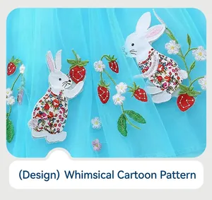 Detailed embroidery of cute rabbits and strawberries on sky blue mesh girl's dress