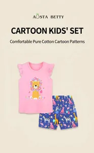 Detail of girls' cotton summer outfit showing lion print tee and tropical animal shorts