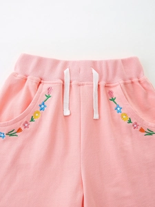 Short rose en coton pour filles avec broderie florale et taille élastique à cordon