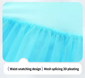 Detail of light blue girls' mesh dress featuring pleated waist and gathered stitching