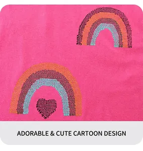 Detail of multi-color rainbow and heart sequin pattern on girls' rose red cotton t-shirt